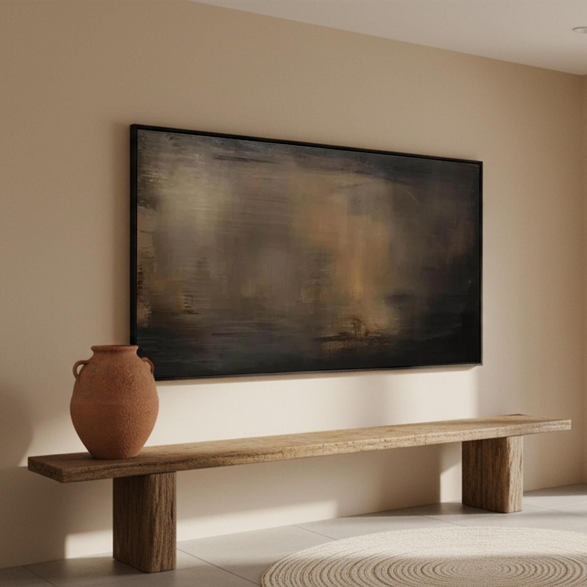 Moody Abstract Painting, Dark Brown Panoramic Canvas Art, Rustic Modern Living Room Decor -SJ#0285