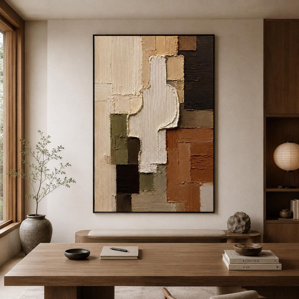 Abstract Geometric Painting, Thick Impasto Canvas Wall Art, Textured Earth Tone Neutral Decor, Modern Minimalist Living Room Gifts -SJ#0289