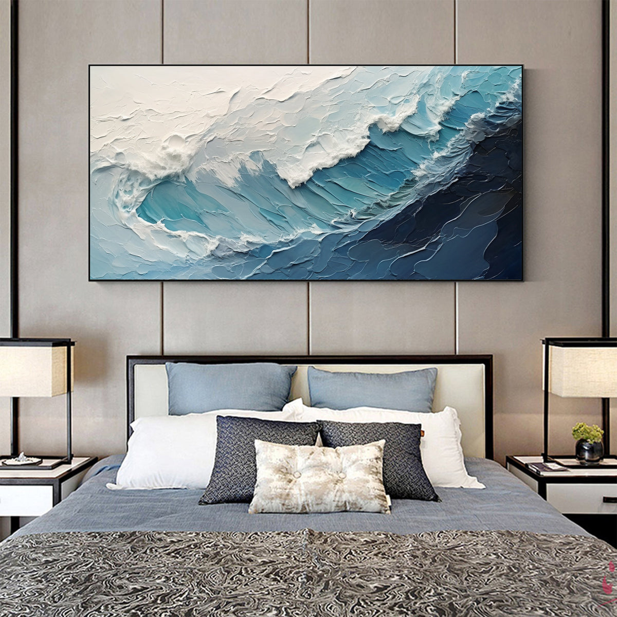 Crashing Ocean Wave Painting, Blue and White Seascape, Modern Coastal Wall Art - SJ#0276