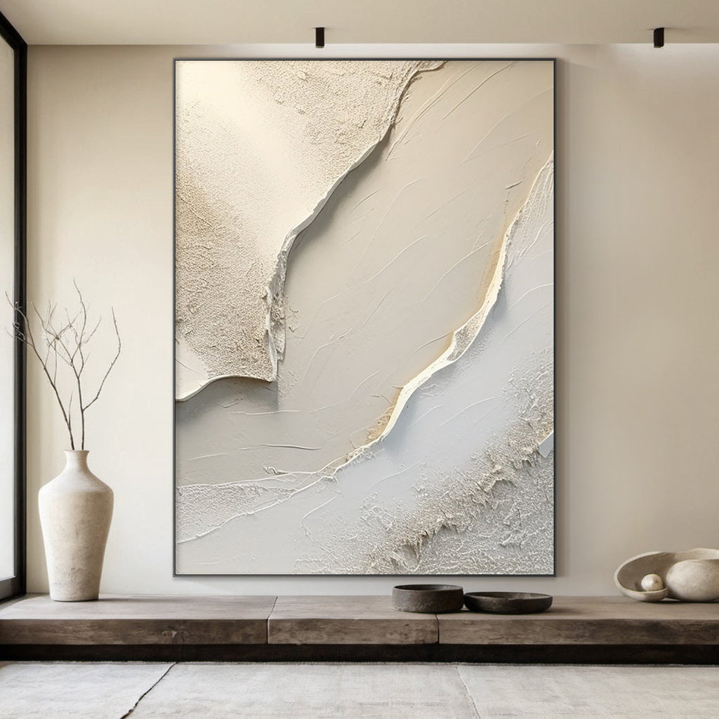 Large White Canvas Abstract Painting, Beige Minimalist Wall Art, Beige Textured Hand Painting, Modern Stylish Home Decor -SJ#0284