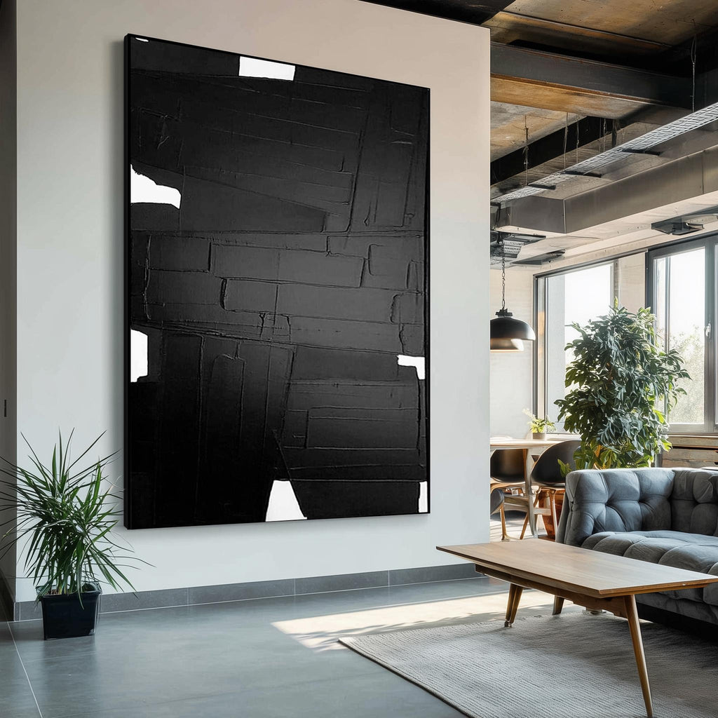 Textured Black and White Geometric Art – Framed Minimalist Plaster Wall Decor -SJ#0309