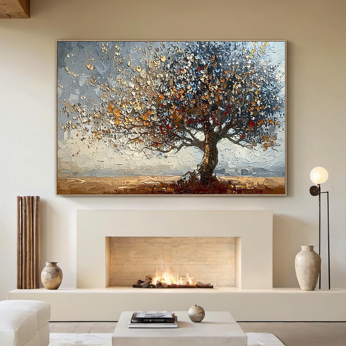 Neutral Tree of Life Oil Painting, 3D Textured Landscape Wall Art, Nature Canvas Art for Home Decor -SJ#0287