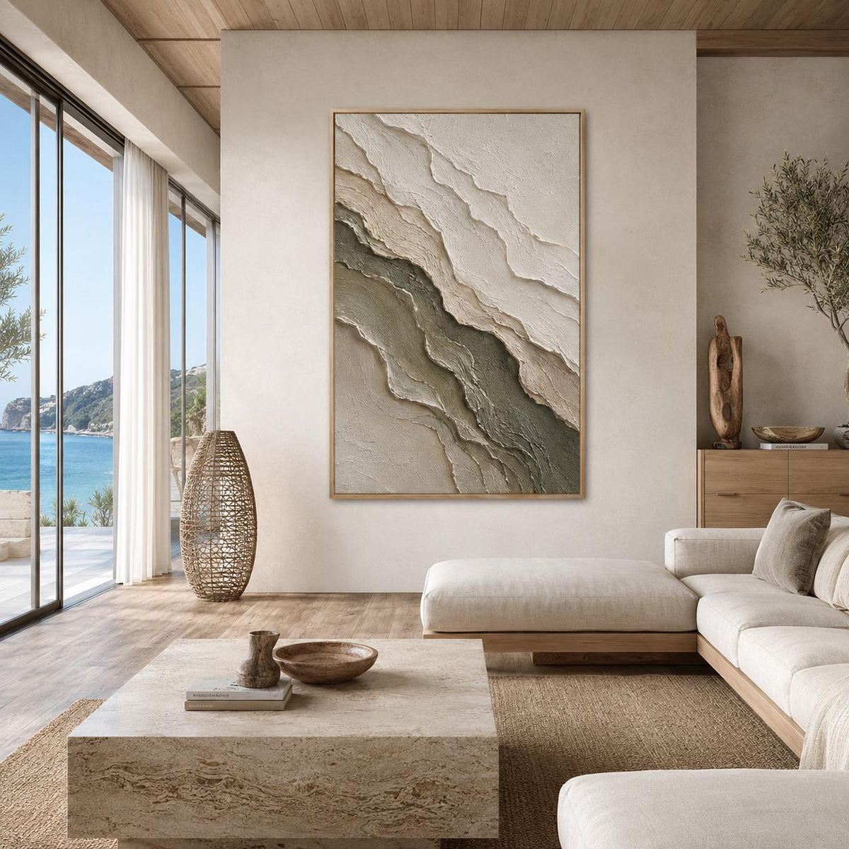 Sage Green Abstract Painting, Textured Flowing Canvas Wall Art, Nature Inspired Plaster Decor, Zen Bedroom Home - View 4 | Seegart Abstract Art