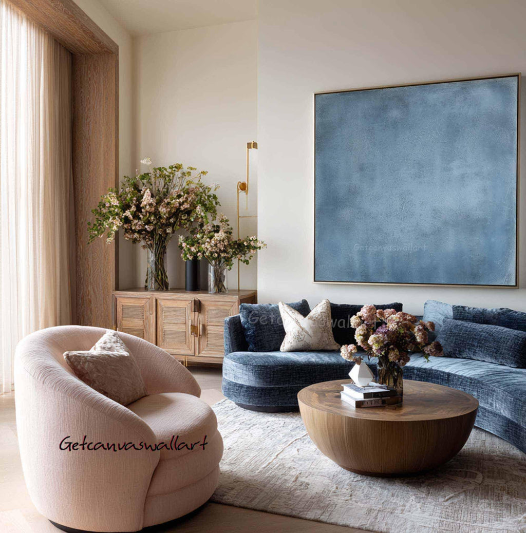 Blue Abstract Wall Art Minimalist Texture Oil Painting Large Neutral Modern Canvas SJ#0310