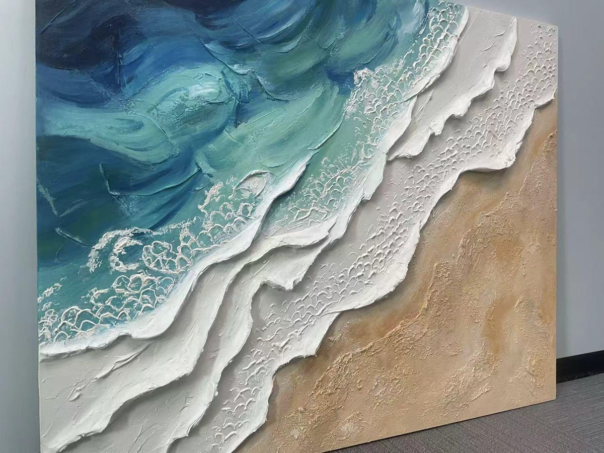 Abstract Seascape Textured Oil Painting, Large Coastal Wave Wall Art,handmade 3D Impasto Seafoam Beach Canvas,modern Living Room Ocean Decor - SJ#0273