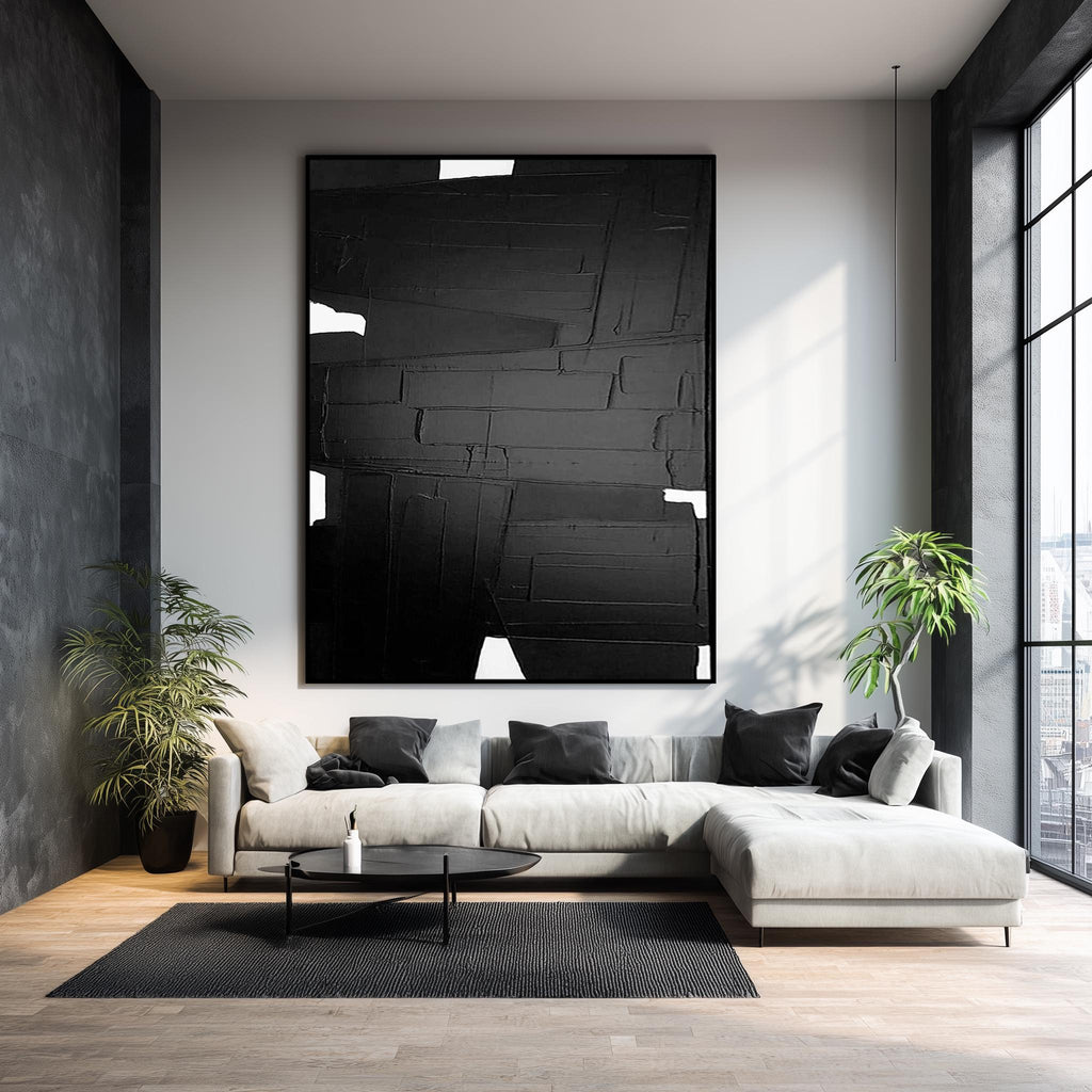 Textured Black and White Geometric Art – Framed Minimalist Plaster Wall Decor -SJ#0309