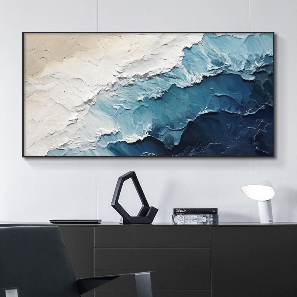 Hand-drawn 3D Ocean Texture Painting, Large Abstract Beach Canvas Art - SJ#0279