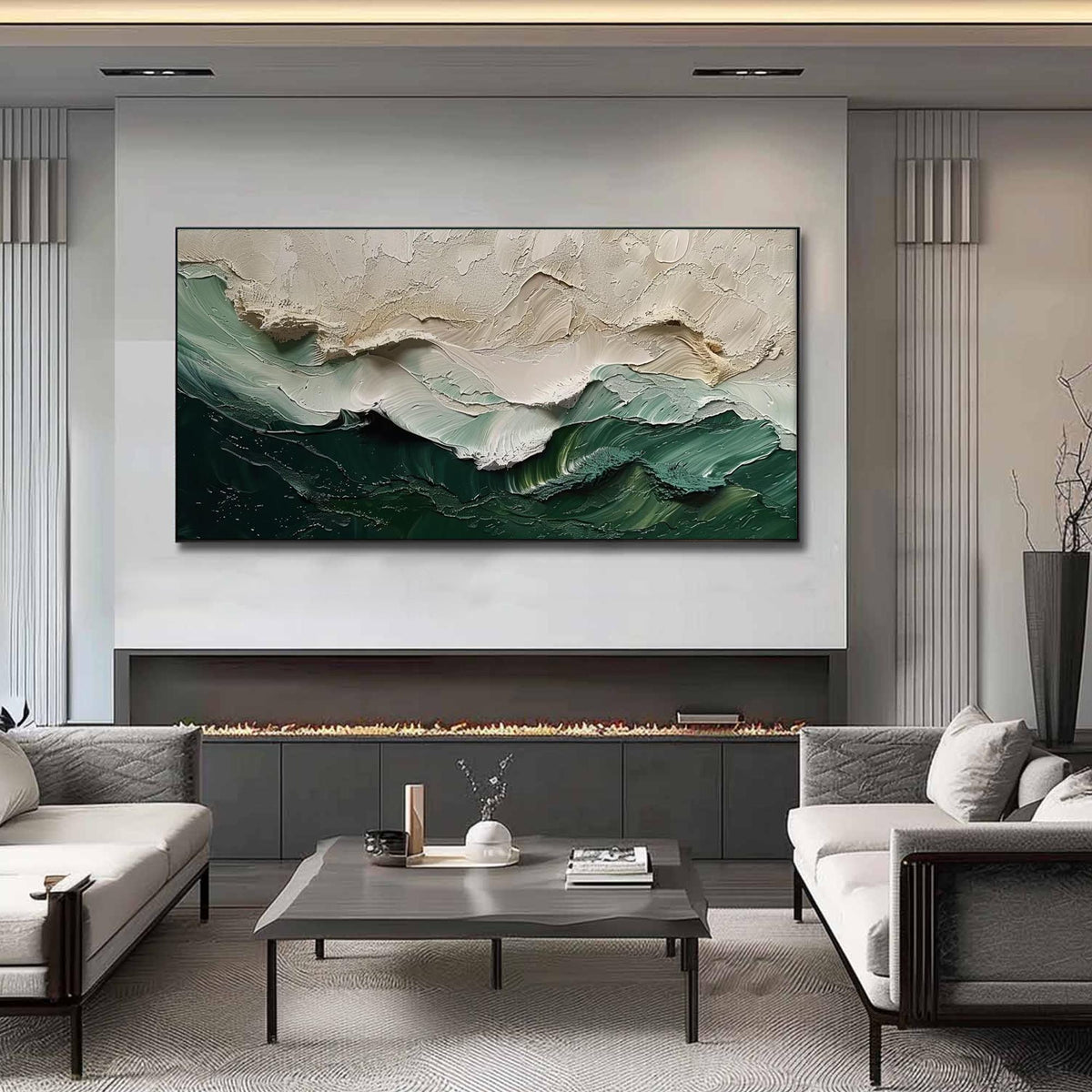Large Textured Ocean Wave Painting, 3D Impasto Beach Painting on Canvas, Minimalist Green & Beige Wall Art, Coastal Wall Art for Living Room -SJ#0283