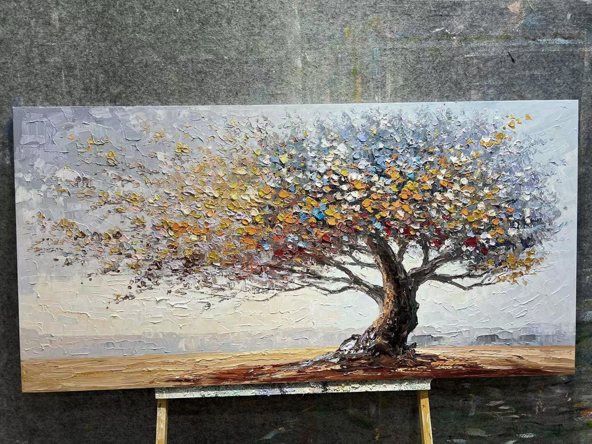 Neutral Tree of Life Oil Painting, 3D Textured Landscape Wall Art, Nature Canvas Art for Home Decor