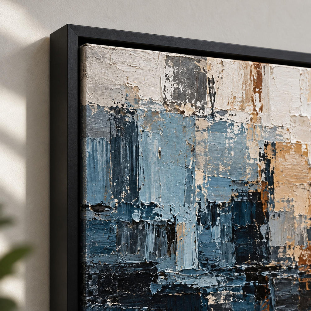Blue Beige Textured Abstract Painting, Geometric Wall Art, Large Horizontal Canvas -SJ#0275