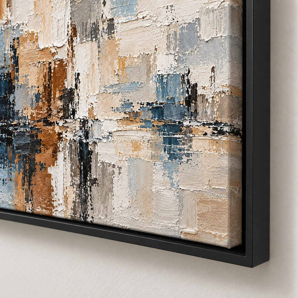 Blue Beige Textured Abstract Painting, Geometric Wall Art, Large Horizontal Canvas -SJ#0275