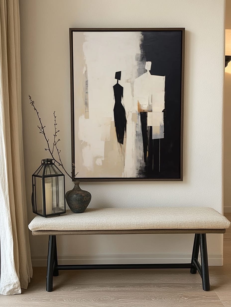 Beige Abstract Canvas Art Beige Minimalist Painting Black and-SJ#0333