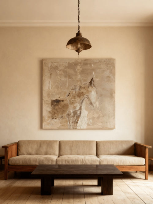 Abstract Horse Portrait in Warm Neutral Tones, hung over a sofa beneath a pendant light
