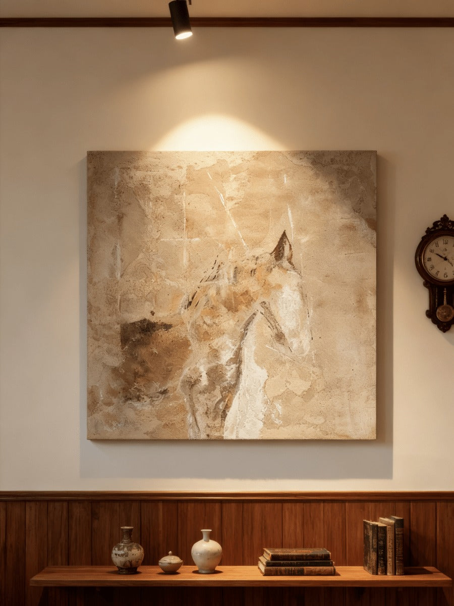 Abstract Horse Portrait in Warm Neutral Tones, illuminated by a picture light above wood paneling