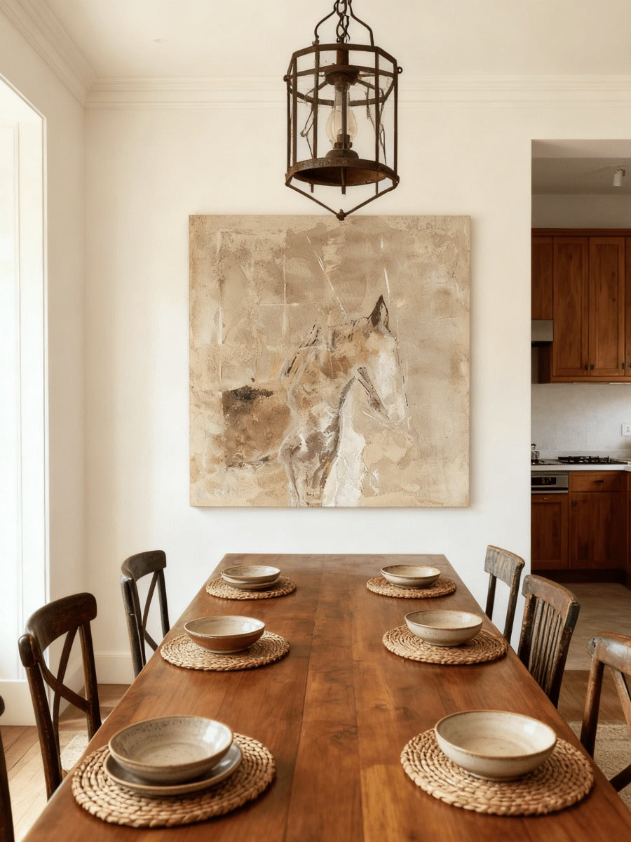 Abstract Horse Portrait in Warm Neutral Tones, hung at the end of a dining table