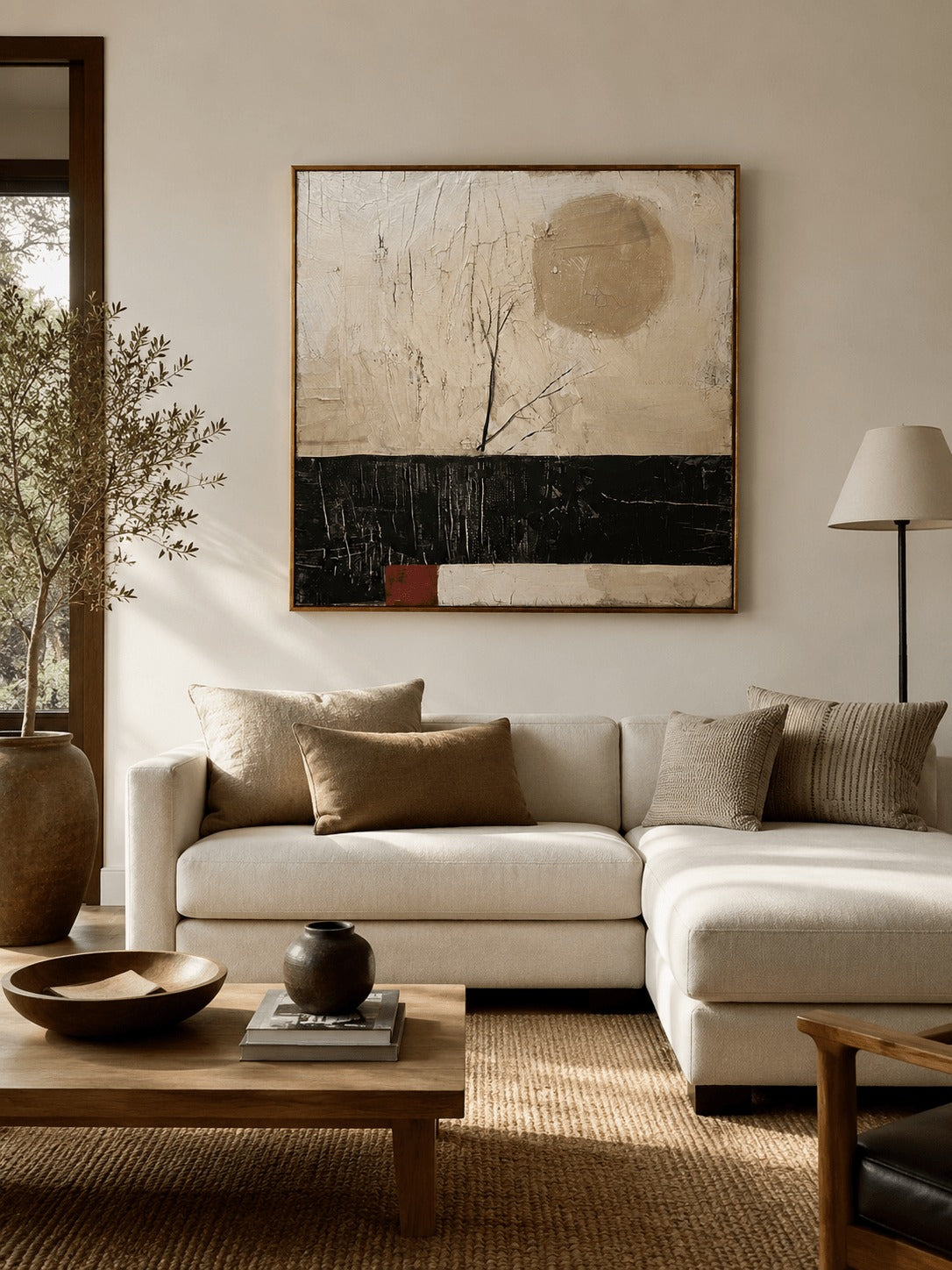 Bare Branches and a Pale Moon Abstract Wall Art, hung above a cream sectional sofa