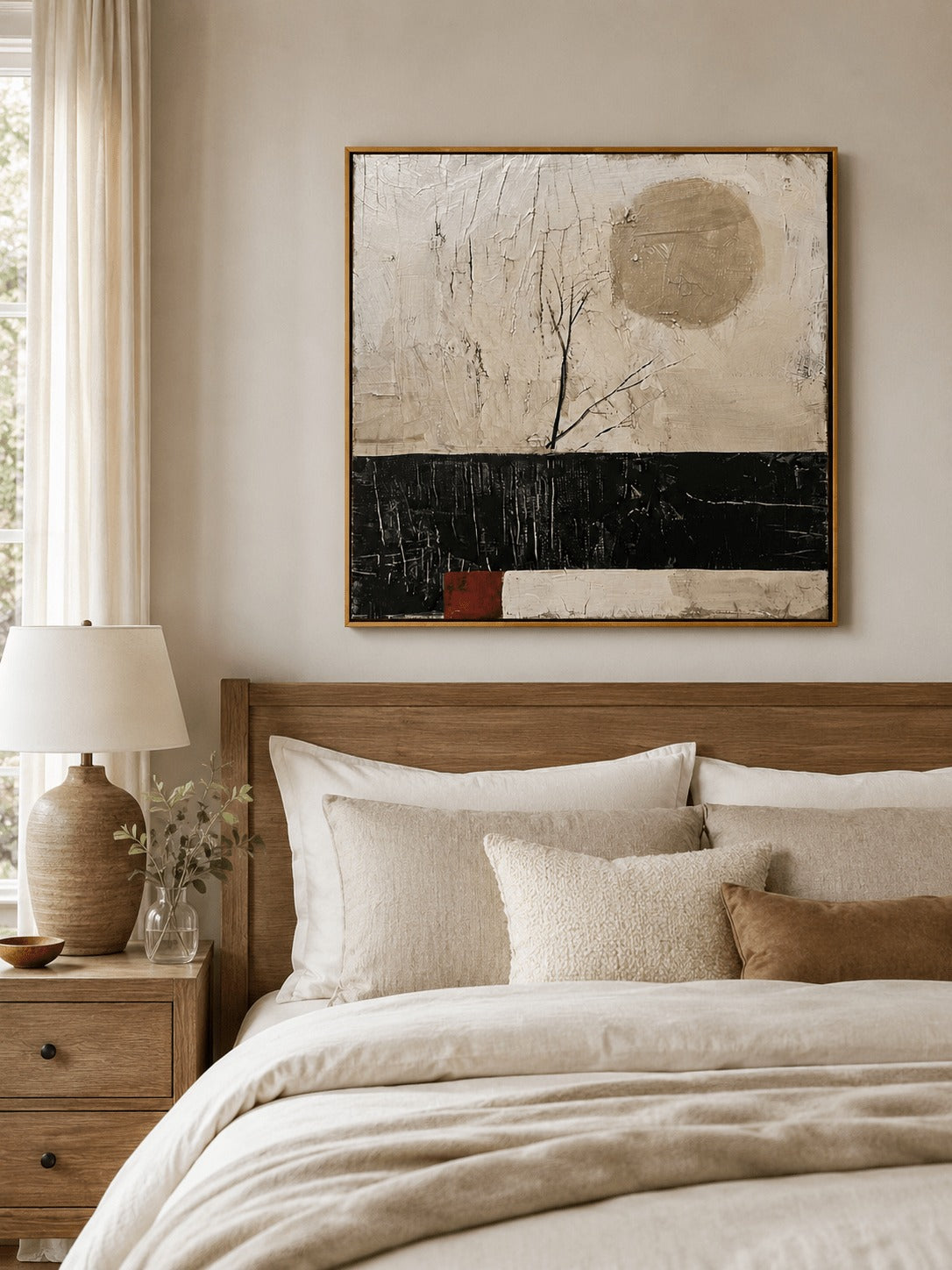 Bare Branches and a Pale Moon Abstract Wall Art, hung above a neutral upholstered bed