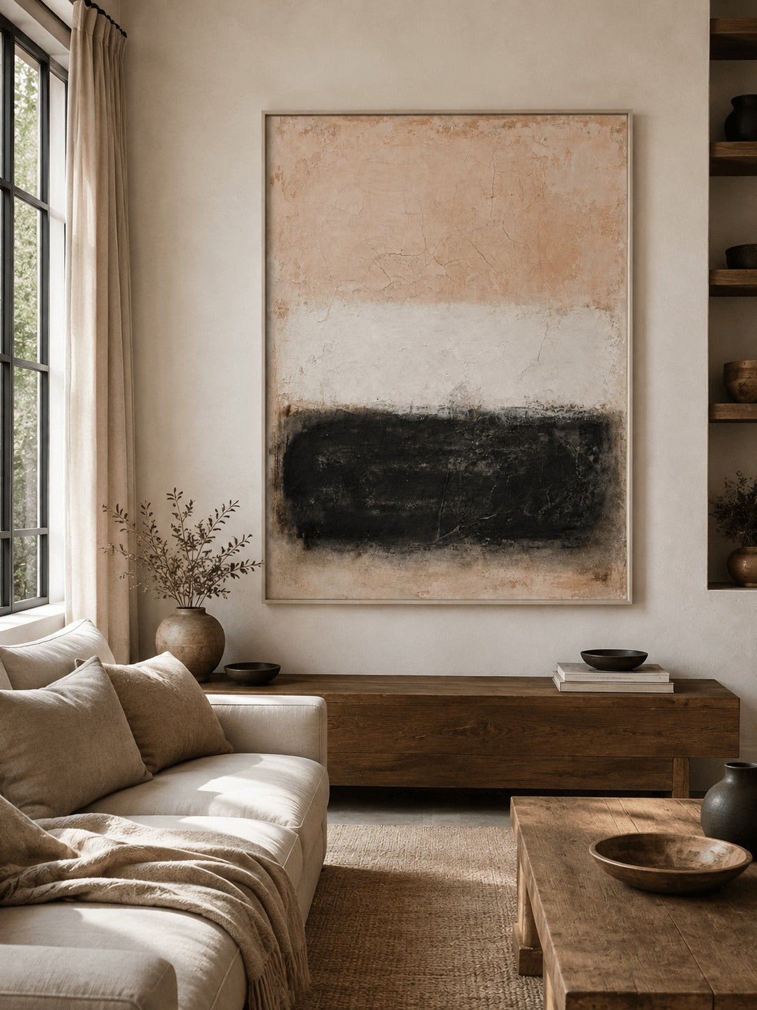 Beige, ivory and black horizontal bands above a sofa