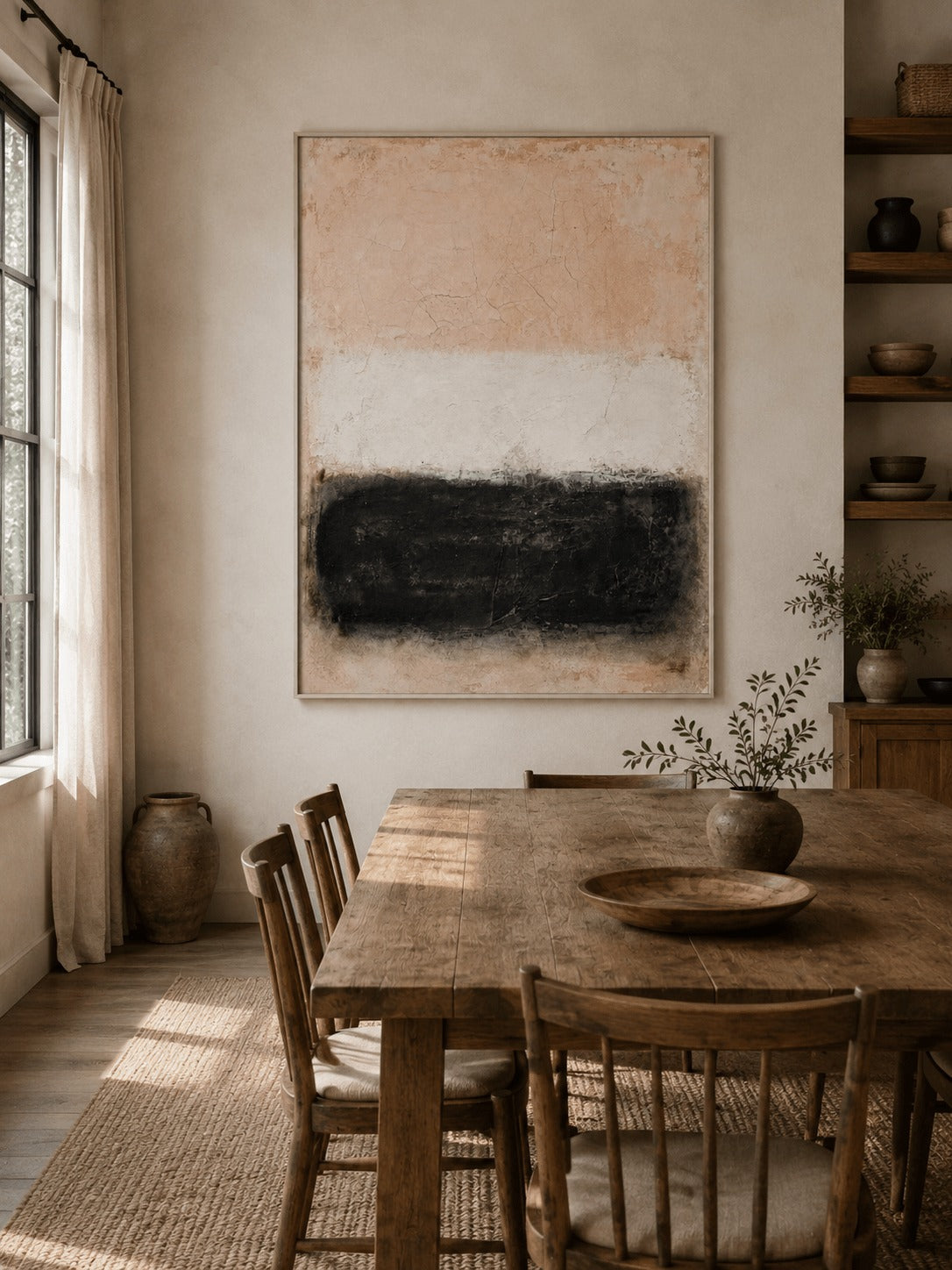 Beige, ivory and black horizontal bands in a dining room