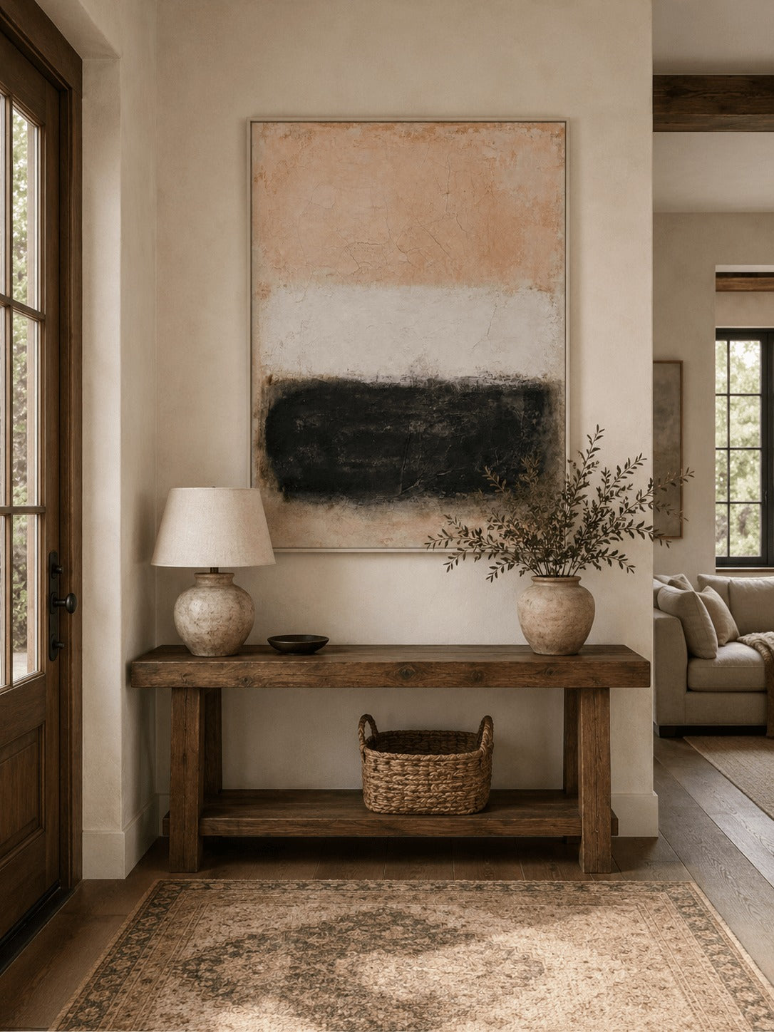 Beige, ivory and black horizontal bands above a console