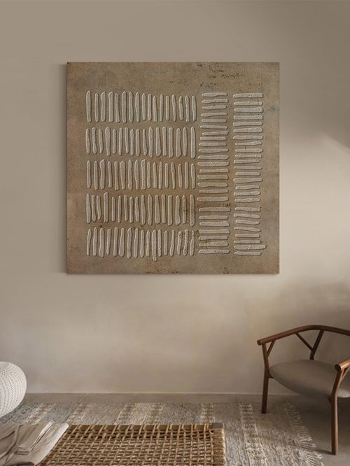 A grid of pale linear marks on bronze beige on a neutral wall