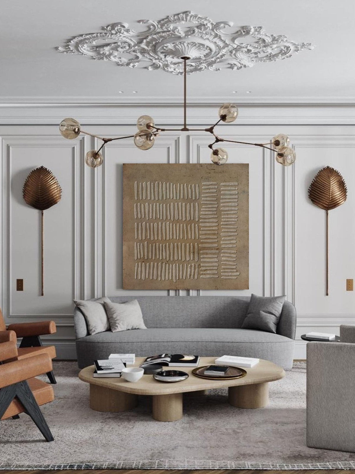 A grid of pale linear marks on bronze beige above a sofa