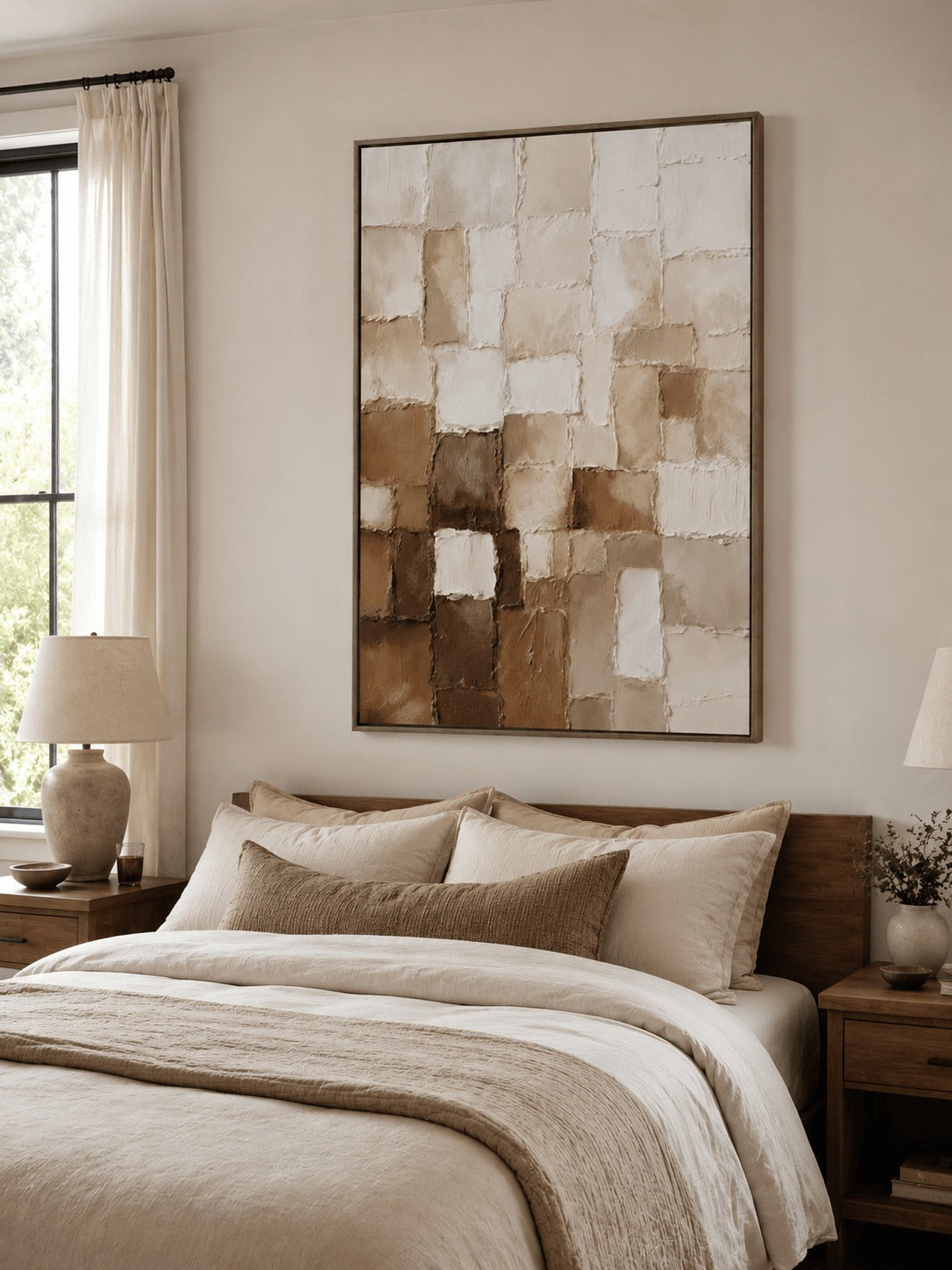 Beige, cream and brown mosaic-like blocks above a bed