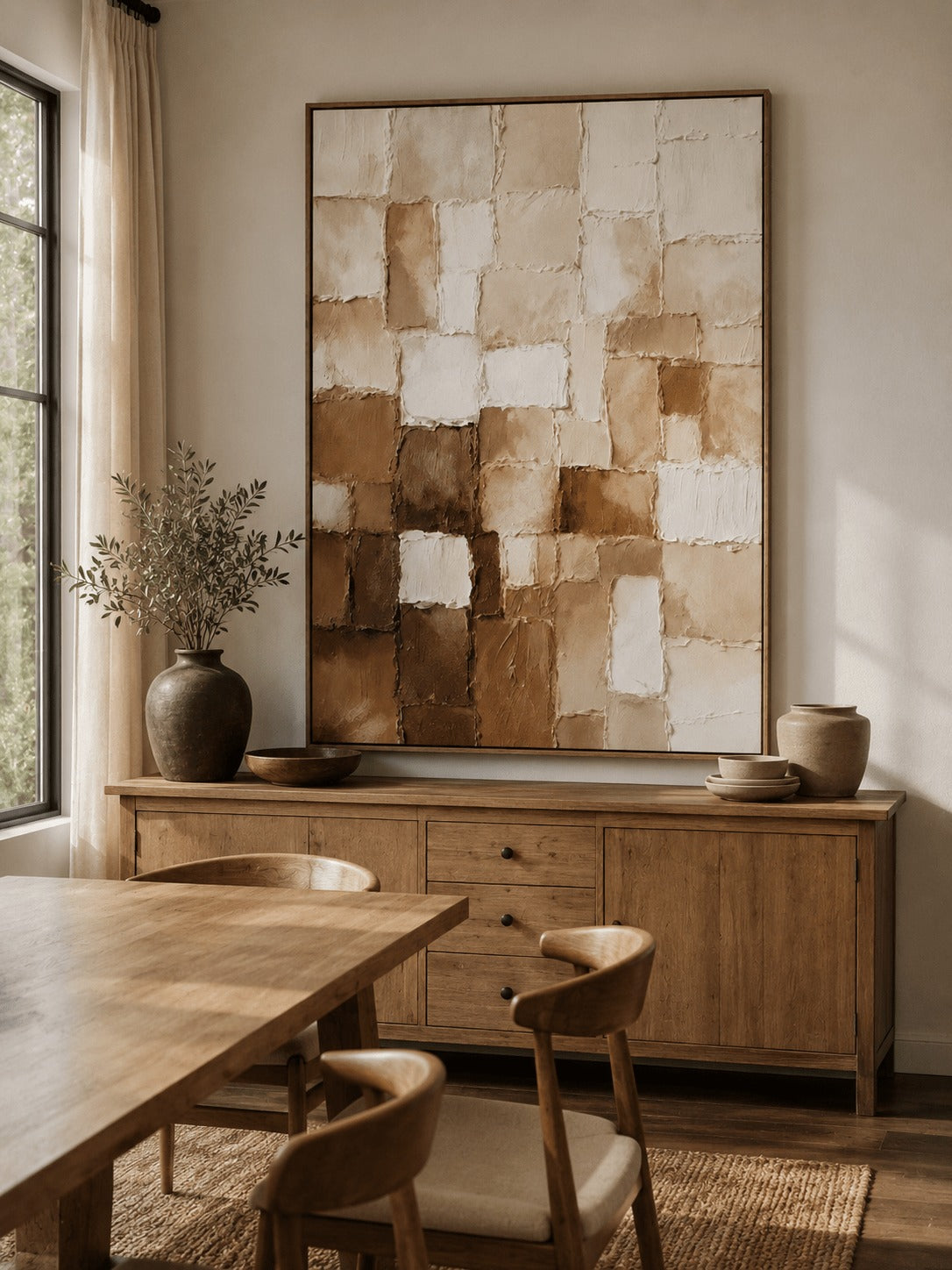 Beige, cream and brown mosaic-like blocks in a dining room