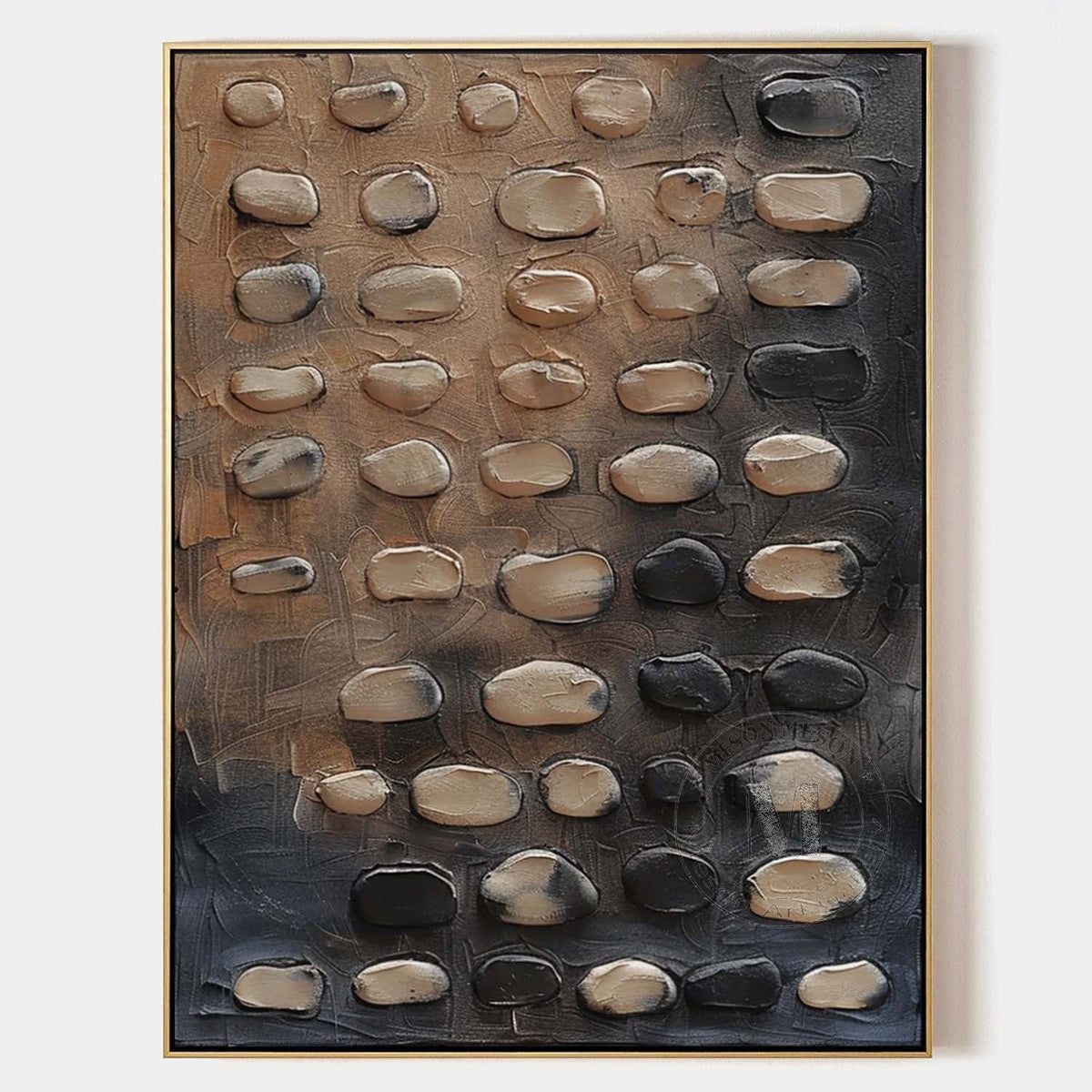 Rounded beige and charcoal pebble-like forms in a full artwork view
