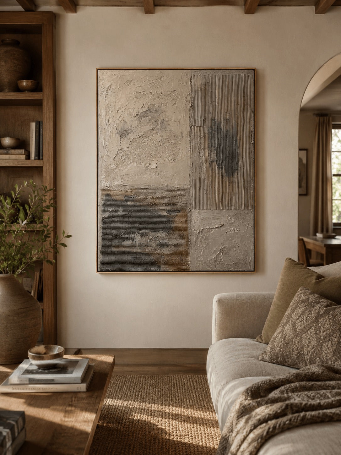 Uneven beige and charcoal textured blocks above a pale sofa