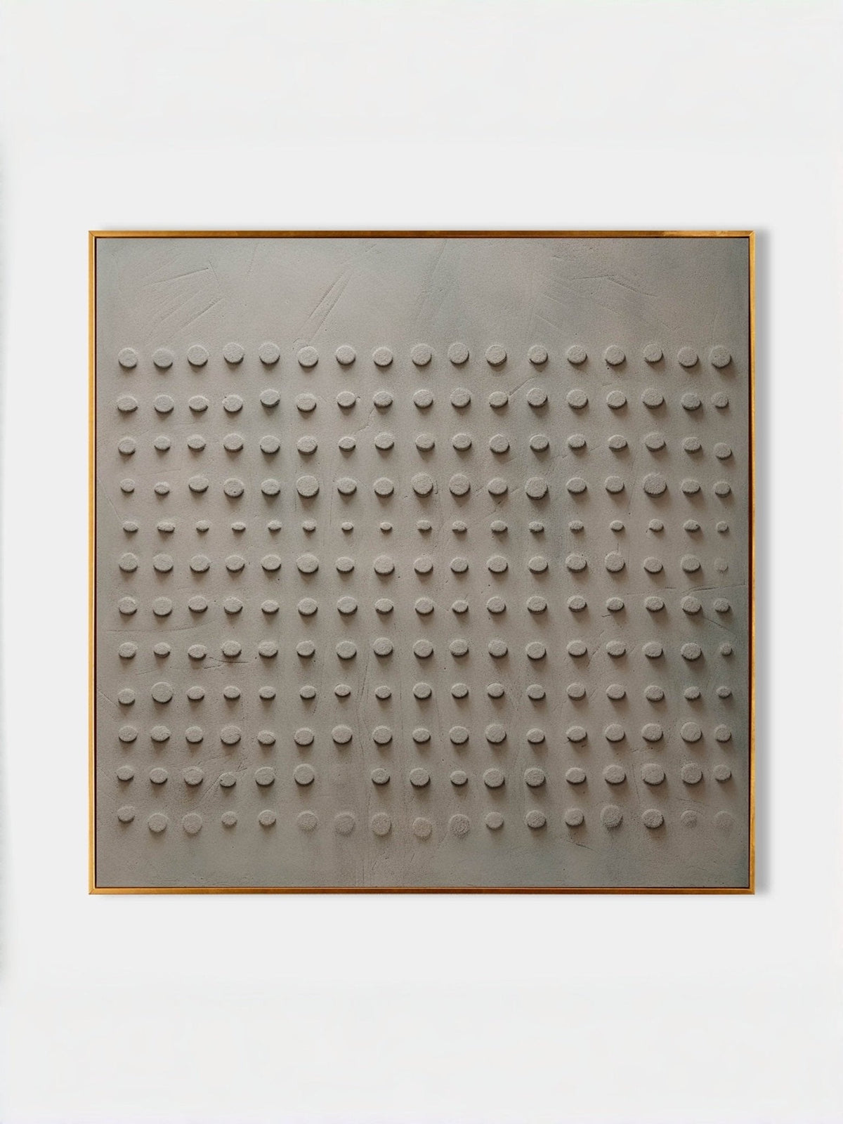 A fine evenly spaced relief grid on beige gray in a full artwork view