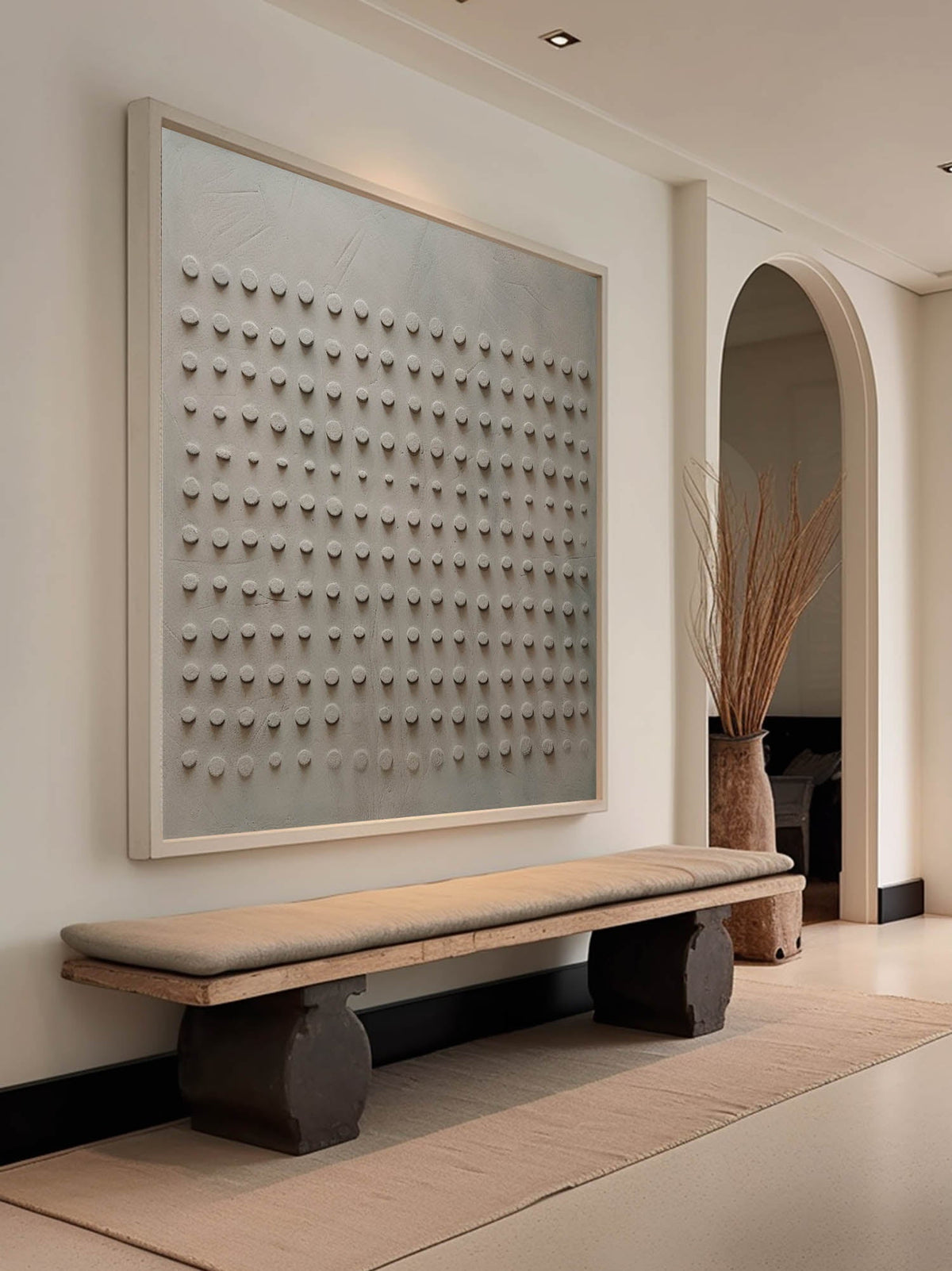 A fine evenly spaced relief grid on beige gray above a wooden bench
