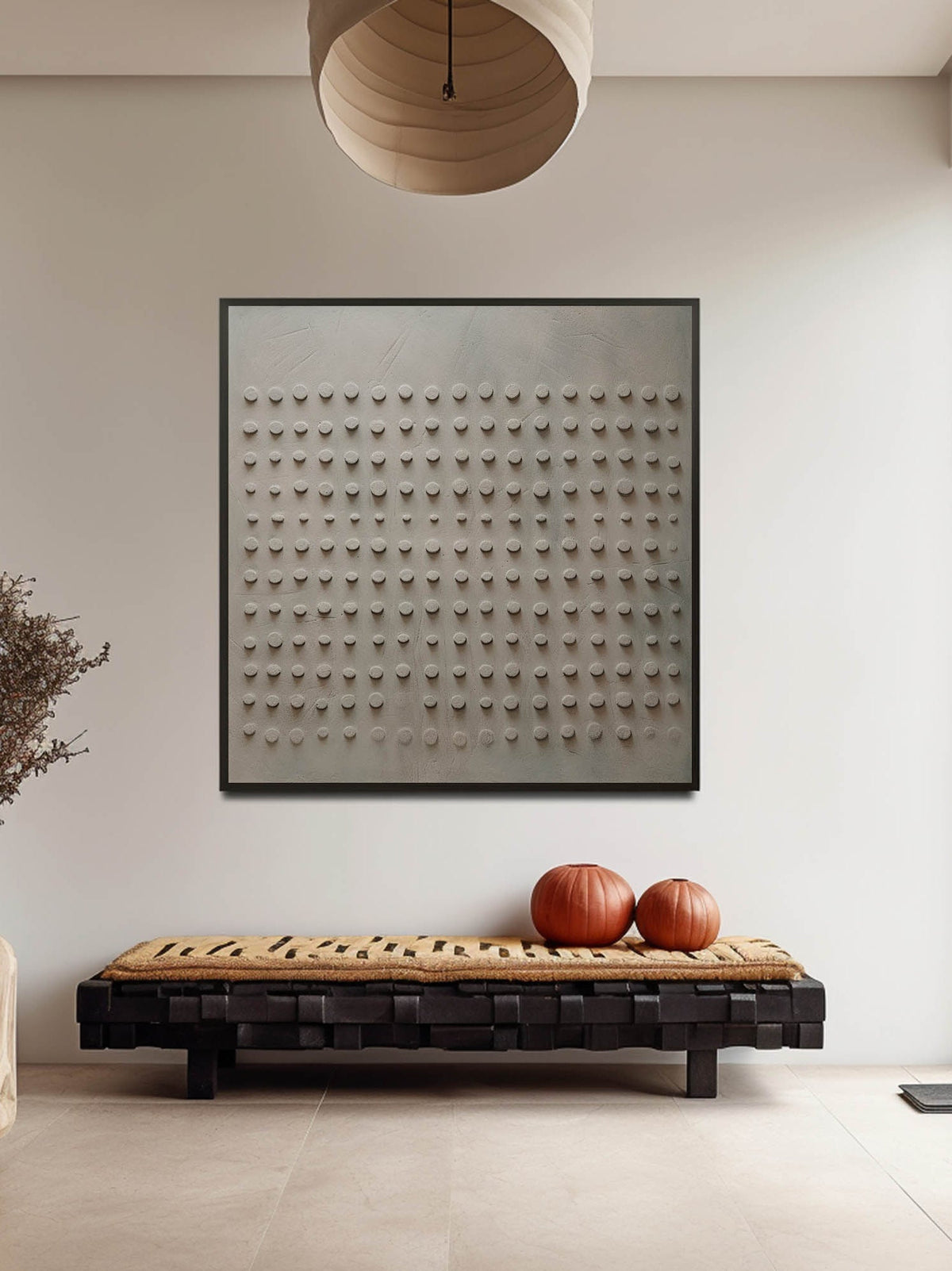 A fine evenly spaced relief grid on beige gray above a patterned bench