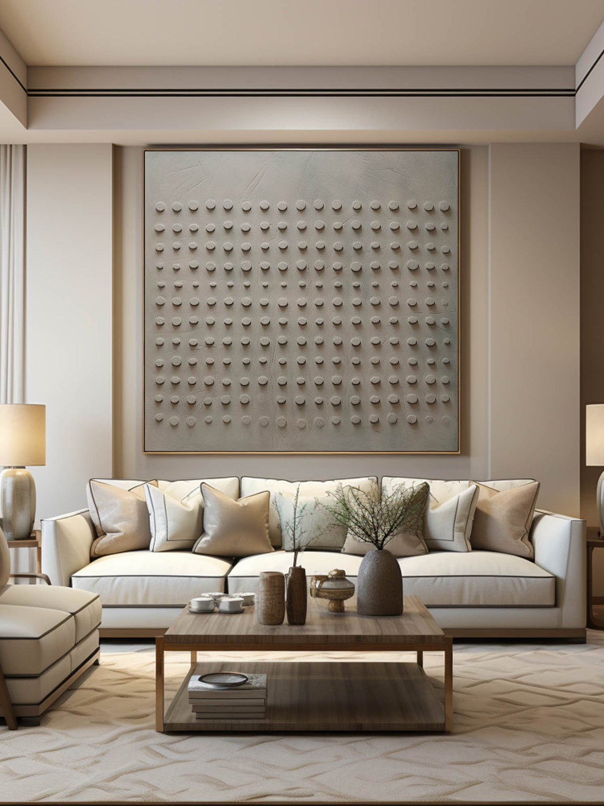 A fine evenly spaced relief grid on beige gray above a cream sofa