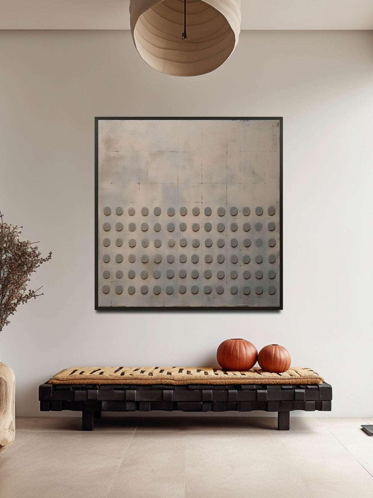 A gray rounded grid across the lower half of beige artwork above a patterned bench