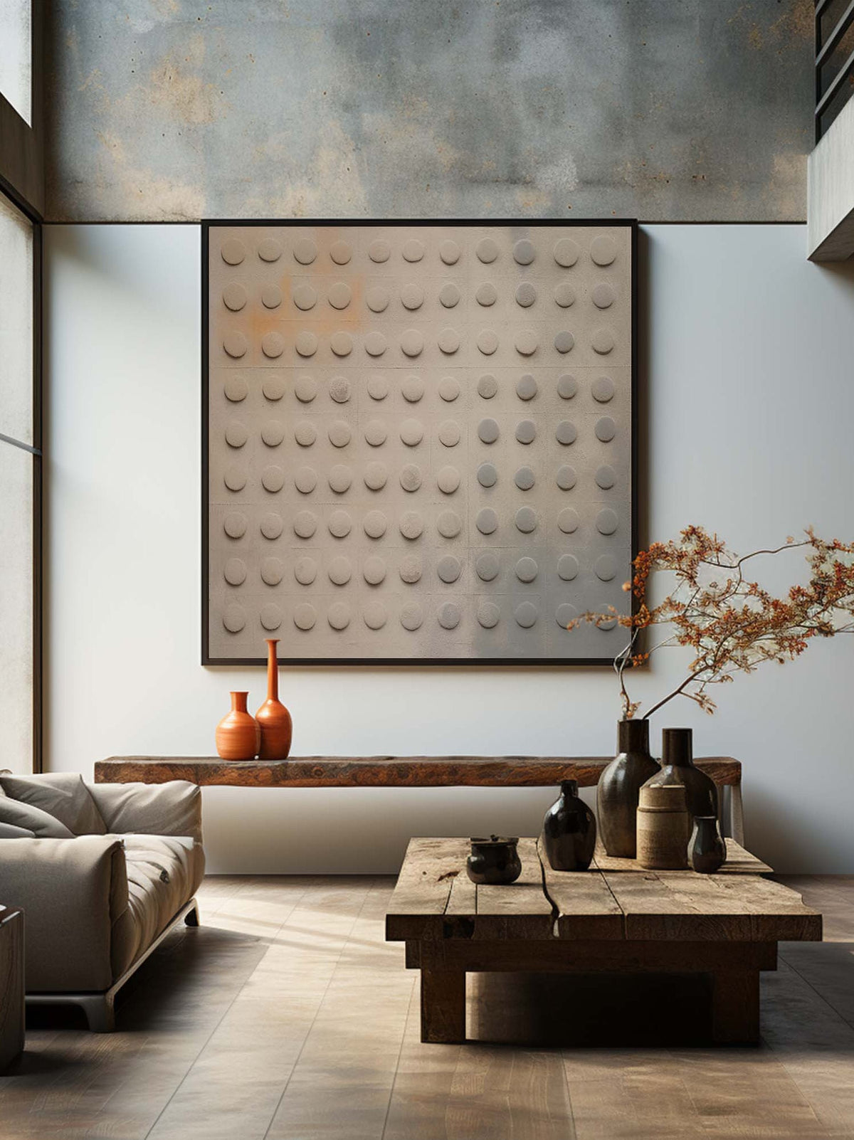 Rows of rounded gray relief dots on beige above a low table