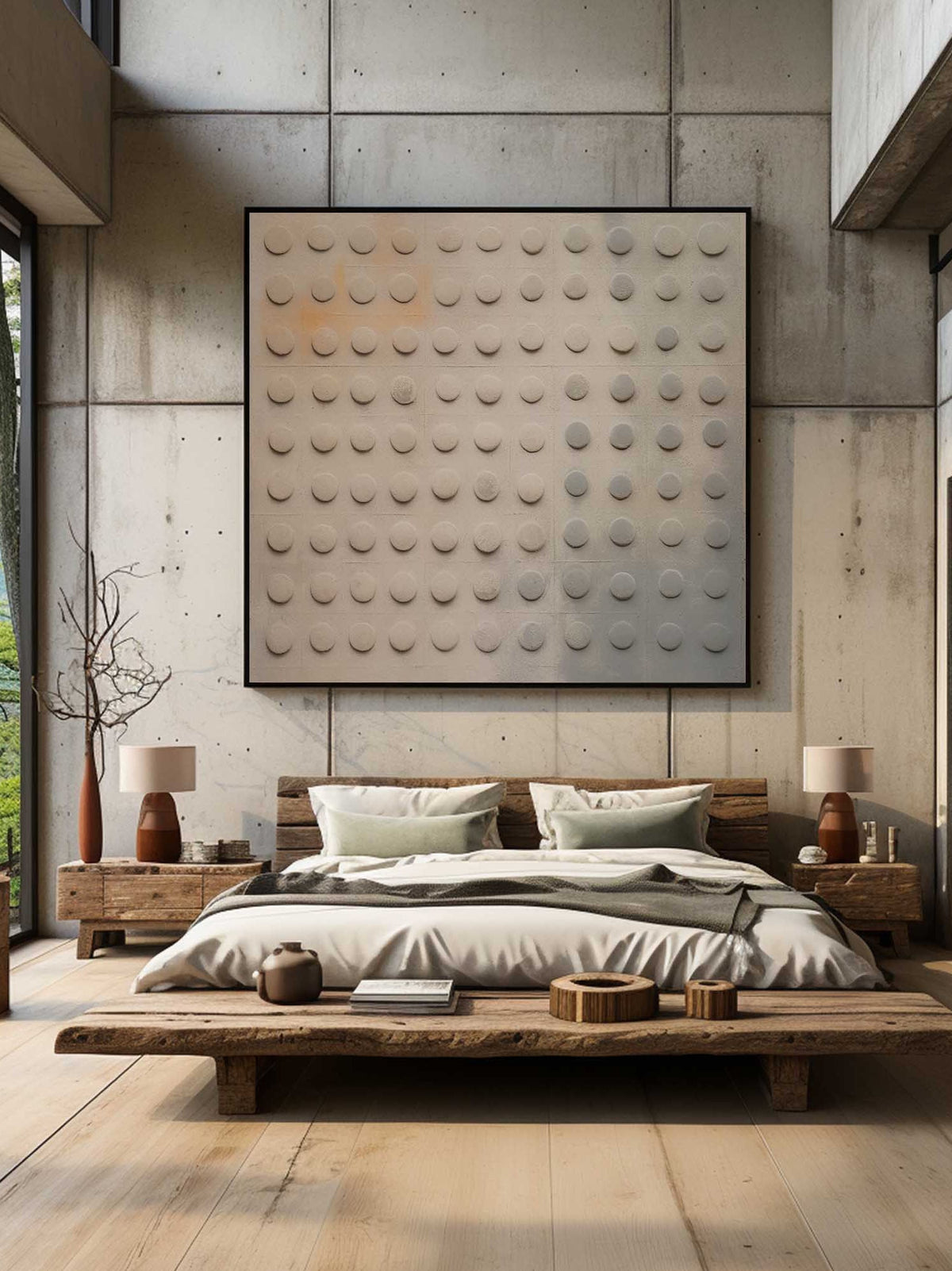 Rows of rounded gray relief dots on beige above a bed