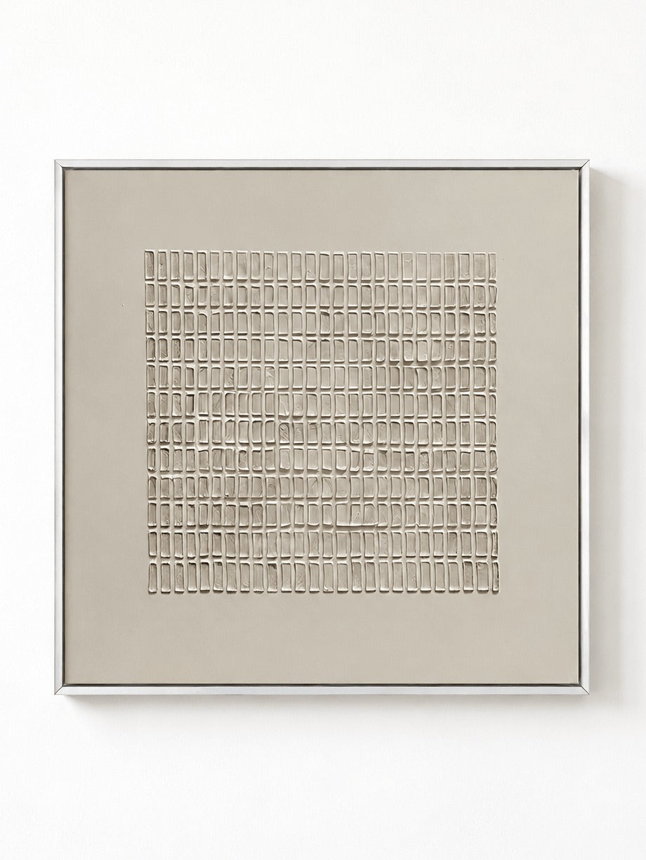 A fine beige geometric grid within a pale border in a full artwork view