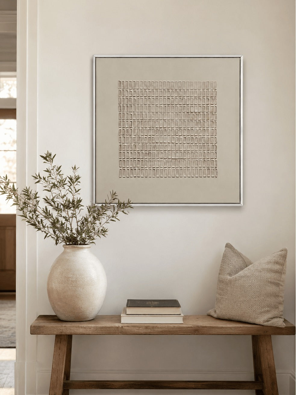 A fine beige geometric grid within a pale border above a wooden bench