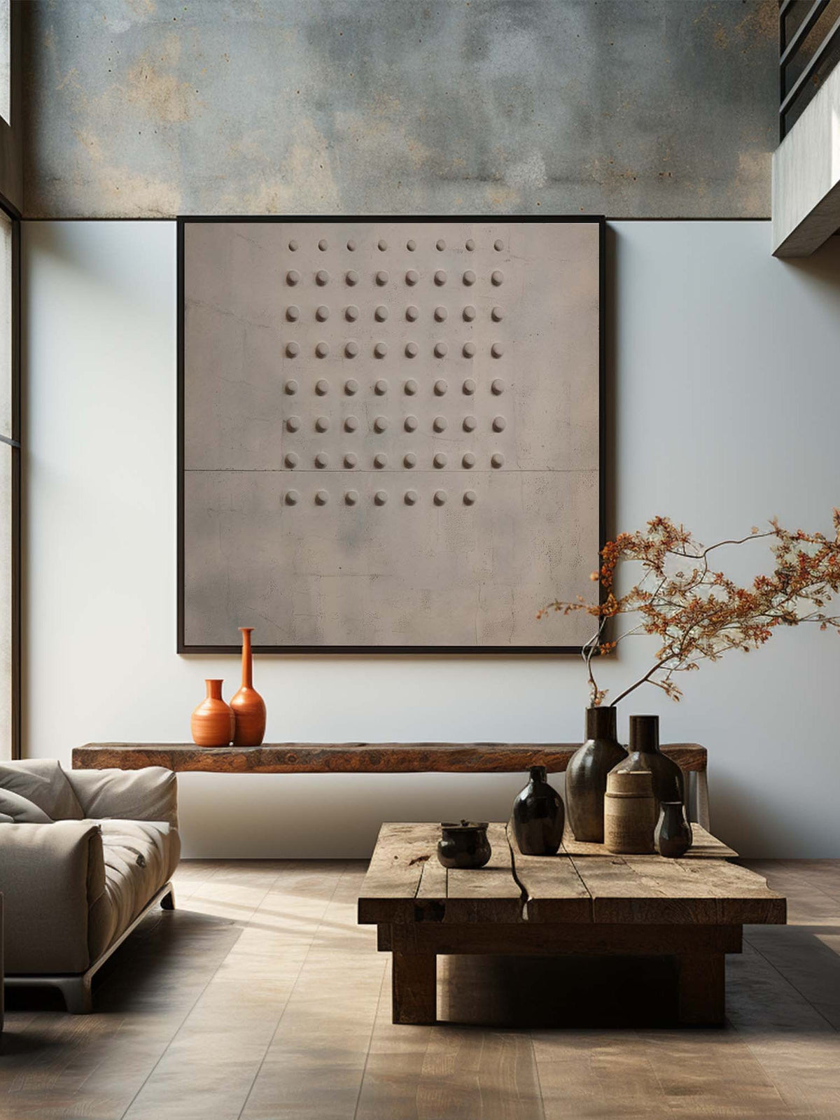 A compact grid of small dark relief dots on beige above a low table