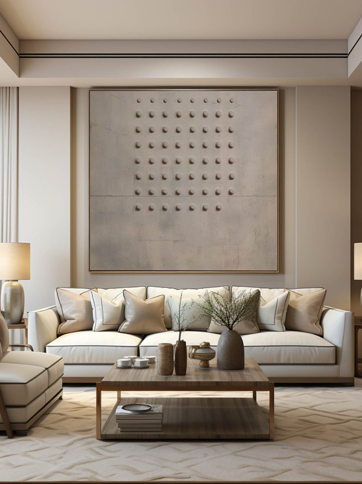 A compact grid of small dark relief dots on beige above a pale sofa