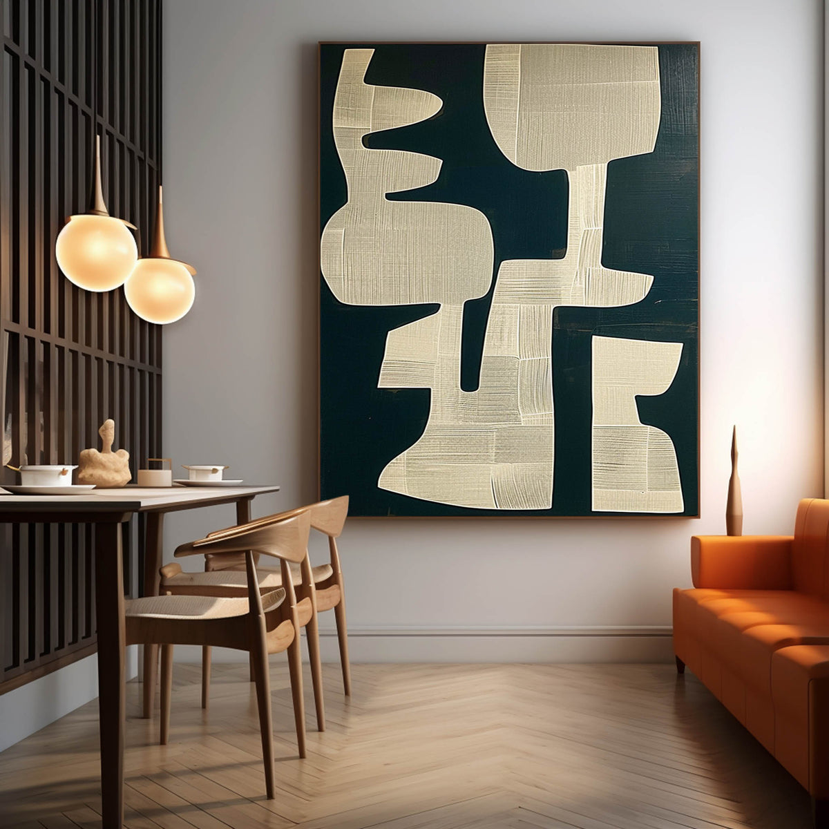 Beige organic shapes against a black field in a dining area