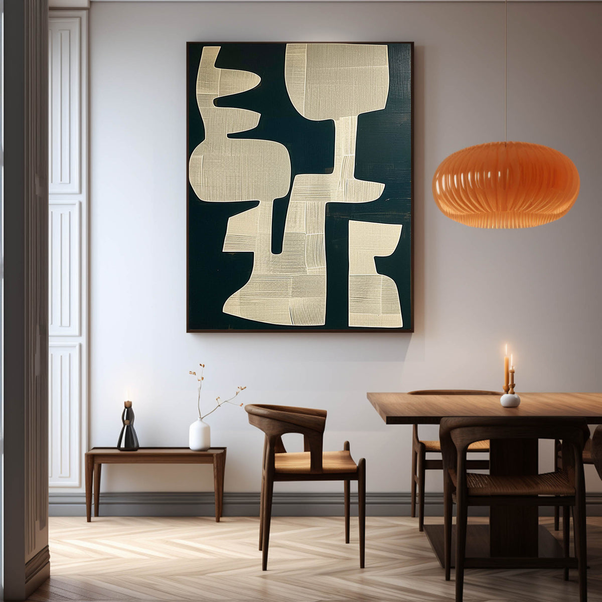 Beige organic shapes against a black field above a wooden console
