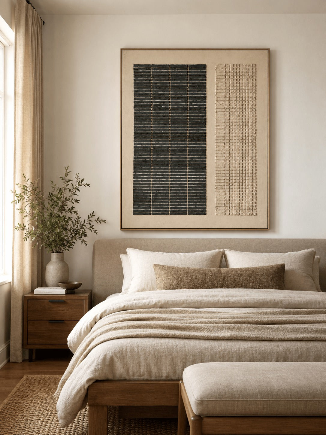 Black and beige vertical grid panels above a bed