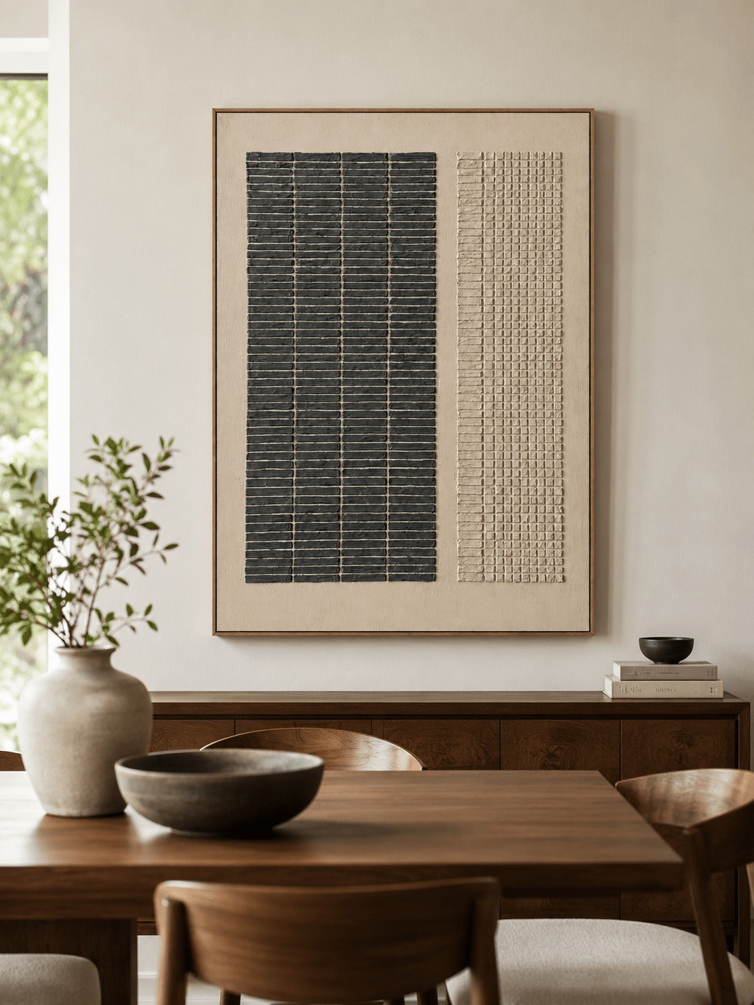 Black and beige vertical grid panels in a dining room