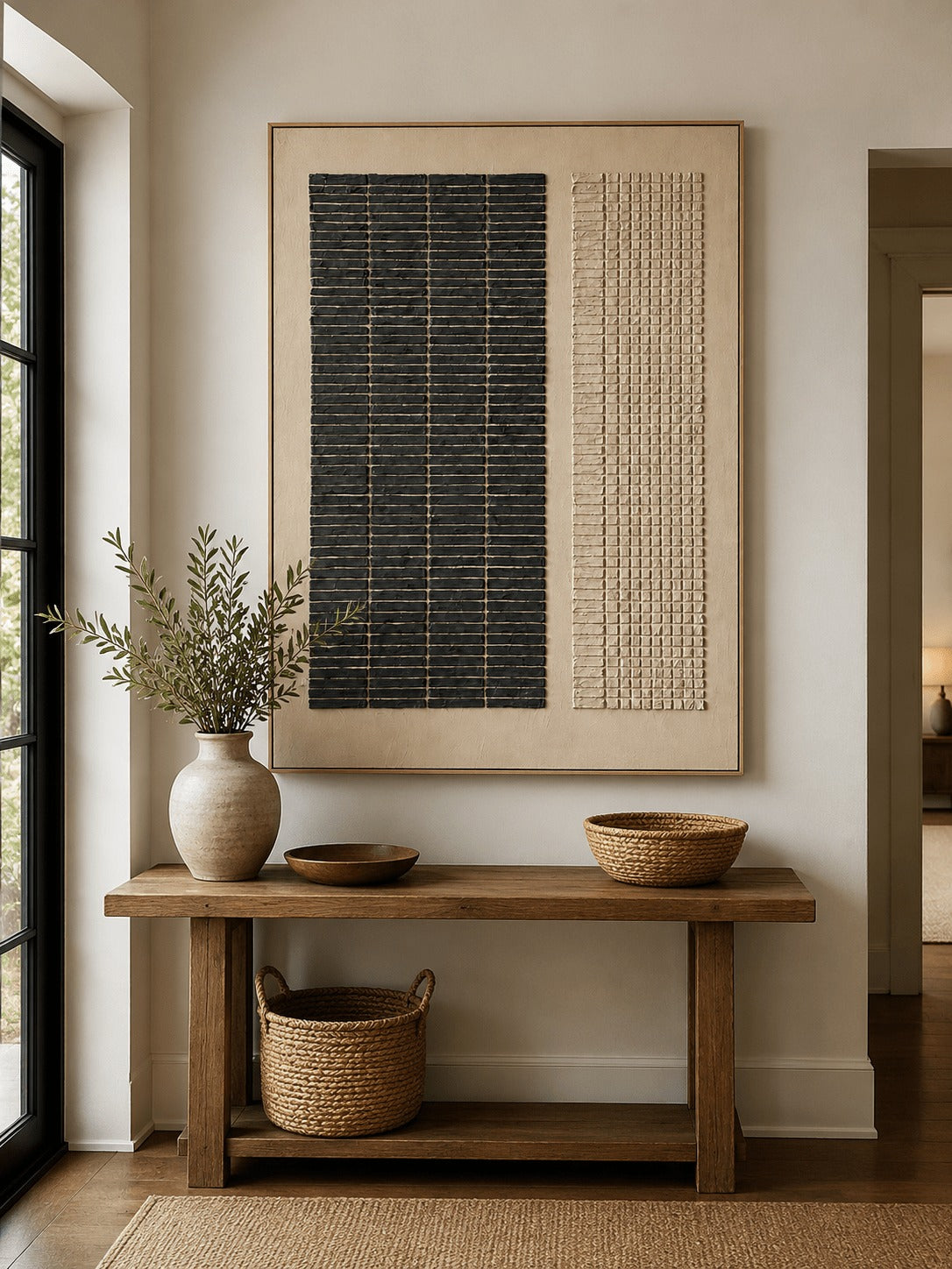 Black and beige vertical grid panels above a wooden console