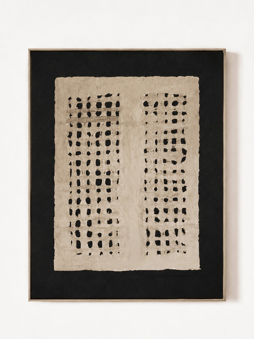 Two columns of black dots on beige within a black border in a full artwork view