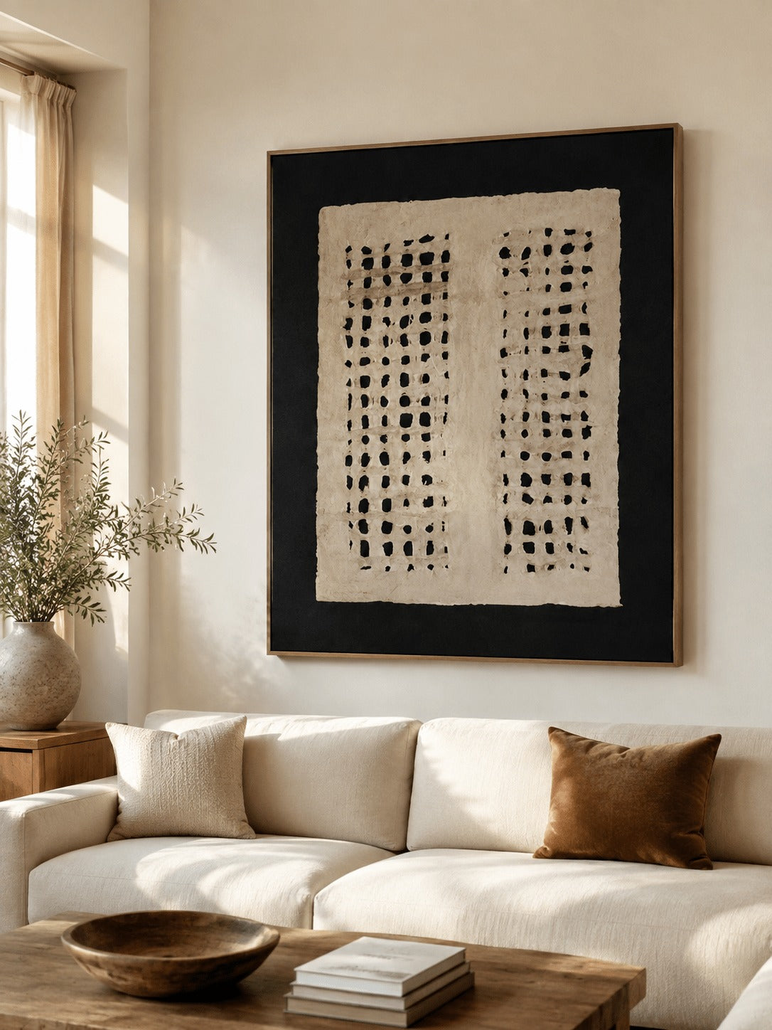 Two columns of black dots on beige within a black border above a cream sofa