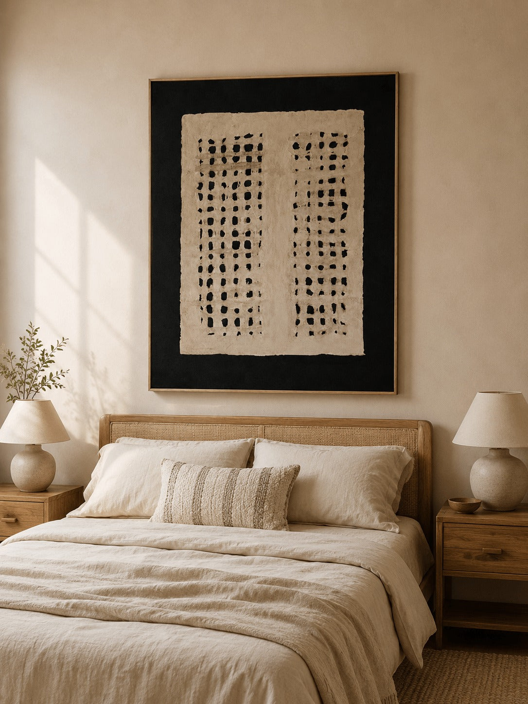 Two columns of black dots on beige within a black border above a bed