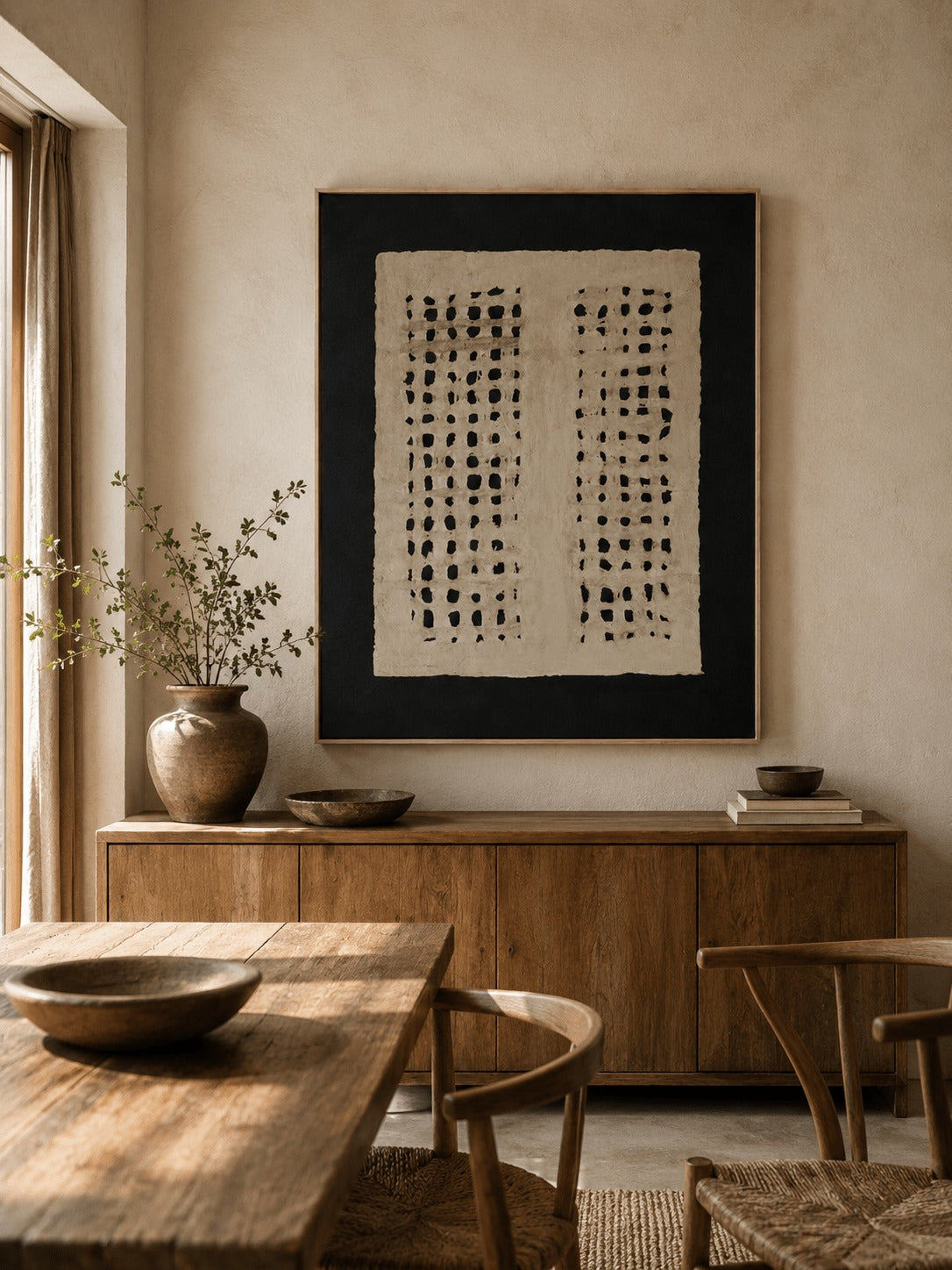 Two columns of black dots on beige within a black border in a dining room